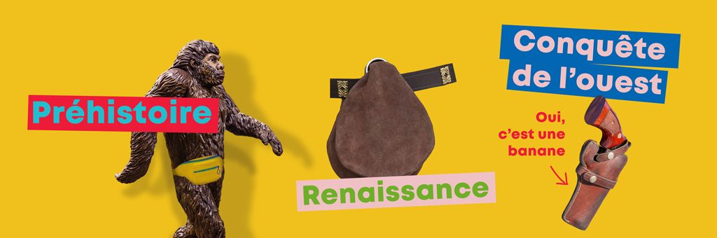 Frise chronologique du sac banane, goodies personnalisé, cow-boy, renaissance, préhistoire, indiens, homme de cromagnon